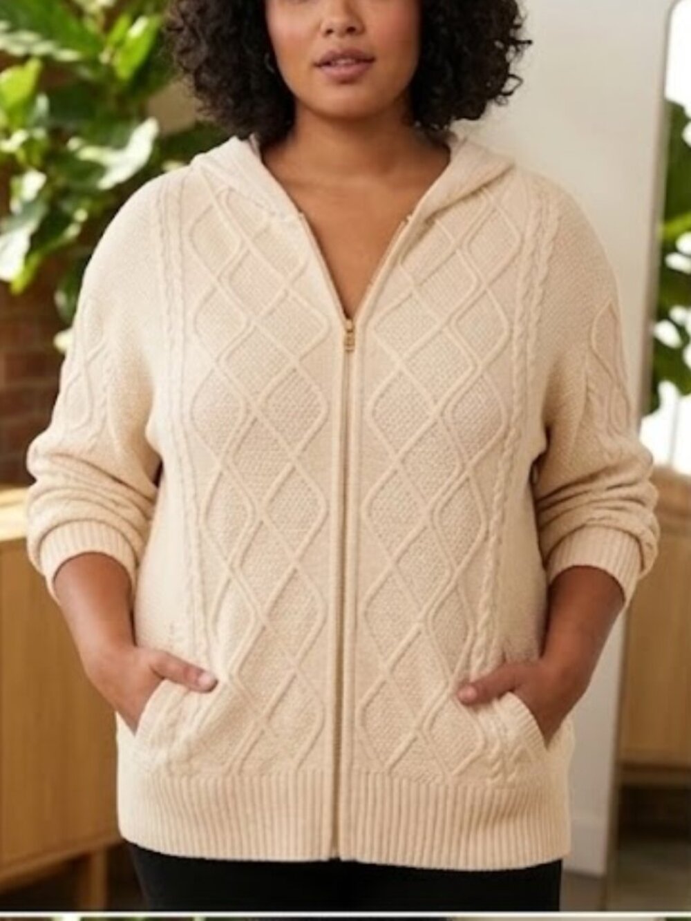 Sweater 2X Tan Textured Zip Front Pockets Hood Plus Size Marc New York Cardigan
